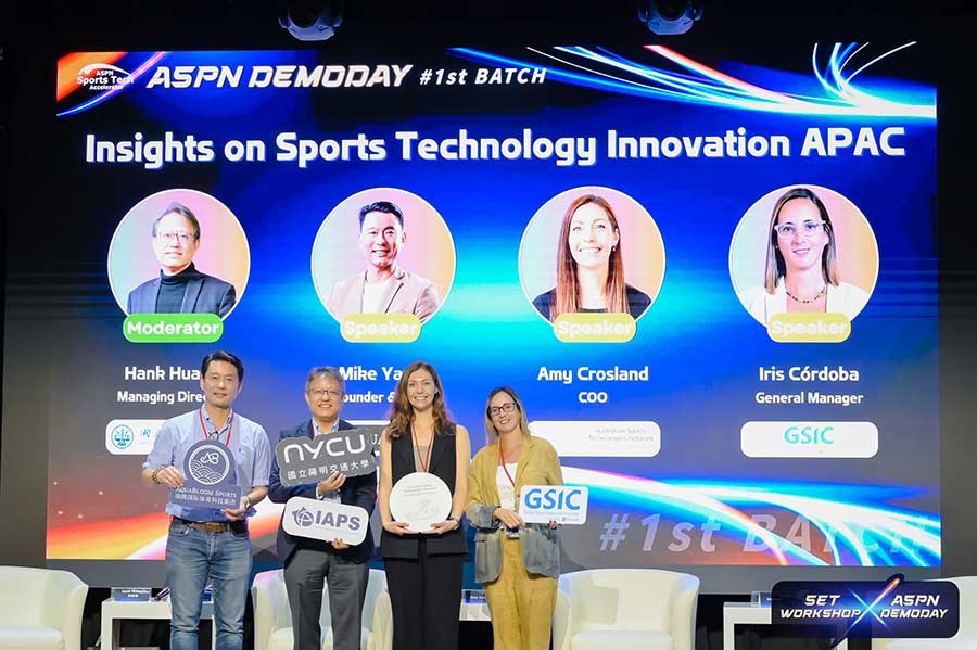 Amy Crosland takes part in a panel event as part of the ASPN Sports Tech Accelerator Demo Day, held in Taipei, Taiwan